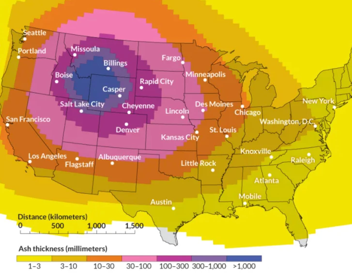 yellowstone explosion map - Seattle Portland Missoula Fargo Billings Boise Minneapolis Rapid City Casper New York Salt Lake City Cheyenne Des Moines Lincoln Chicago San Francisco Washington, Dc. Denver St. Louis Kansas City Knoxville Los Angeles Albuquerq